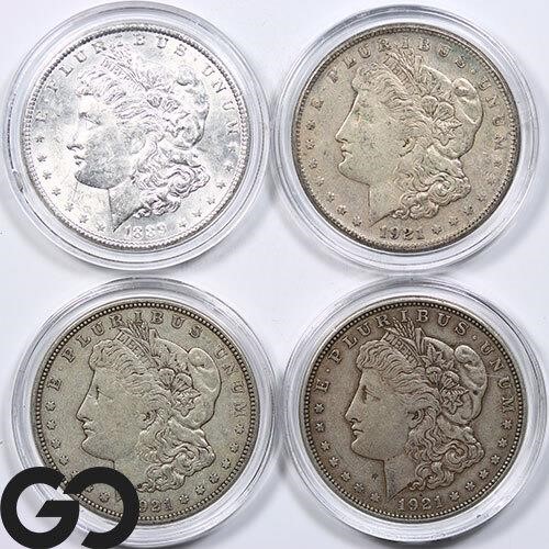 4-Coin Lot of Morgan Dollars, 1889, 1921, 2-1921-D