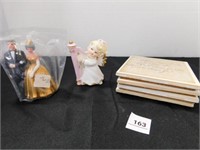 cake topper, coasters, Lefton angel w/pink harp