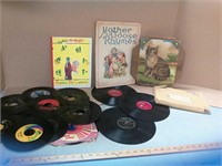 Various 45 records, 78 records, vintage quilting