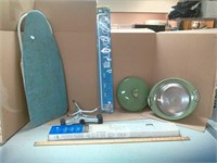 Small ironing board, green bowl with lid, mini