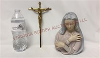 Brass INRI Crucifix & Virgin Mary Madonna Planter