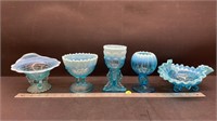 5 Unmarked Blue Glass Dishes with Opaline Edge.
