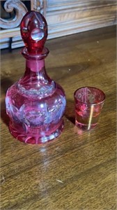 Cranberry Cut to Clear Decanter & Shot Glass