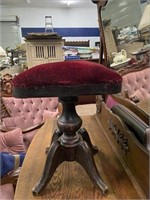 Antique Red Velvet Wooden Swivel Piano Stool