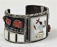 Panteah Zuni Sterling Coral Kachina Inlay Bracelet