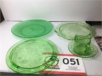 Green Glassware: Cake Plates, Cup/Saucer, Platter