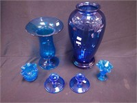 Seven blue glass items: two vases, 10" and