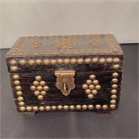 Vtg Wood Brass Studded Mini Hinged Footed Chest