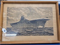 Framed Drawing of a Large Aircraft Carrier, WWII