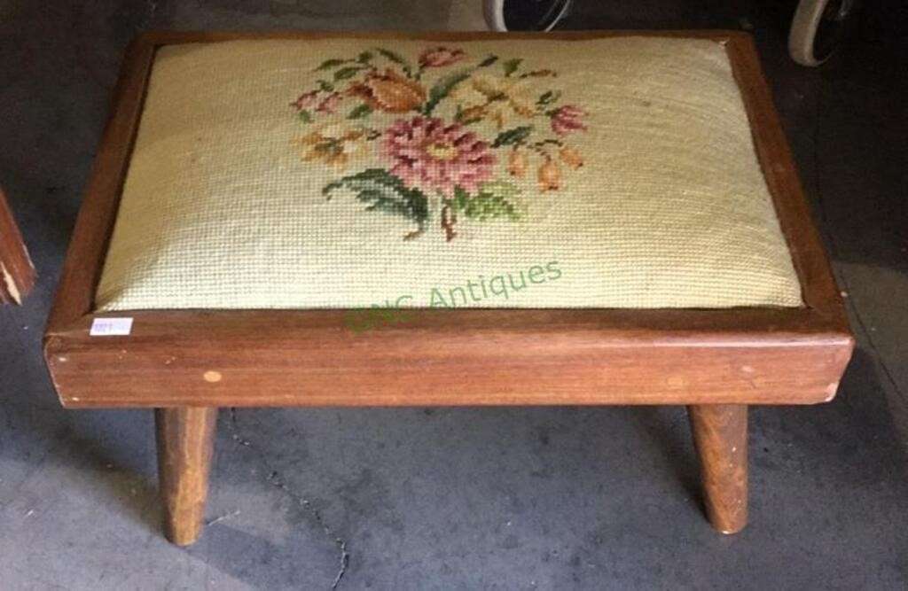 Vintage hard wood footstool with knit cushioned