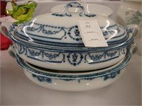 Two blue and white Edwardian ironstone tureens.