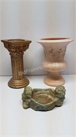 SMALL CLAY URN + 2 CANDLEHOLDERS