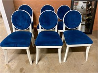 6 White Lacquer Blue Velour Chairs