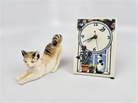 Tile Cat Clock with Green Eyed Ceramic Cat