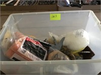 Box of caulk guns, painting supplies.