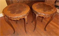 pair carved side tables w/inlaid tops
