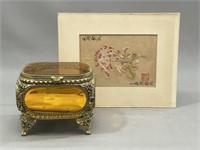Floral Chinese Print/Amber Glass trinket Box