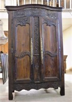 Early French Trumpet Vine Carved Oak Armoire.