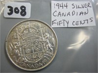 1944 Silver Canadian Fifty Cents Coin