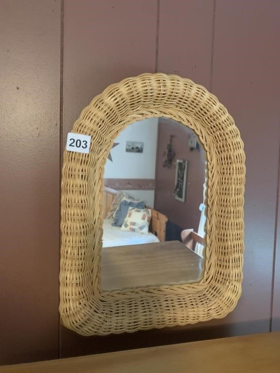 SMALL MIRROR WITH WICKER FRAME, 16" TALL