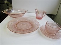 Pink Glass Bowl (chipped), Plate, Sugar, Cup