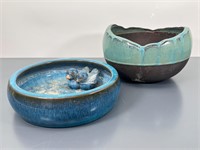 Ceramic Birdbath & Planter - Blue Tones