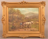 Oil Painting Depicting Horses Pulling a Tree Stump