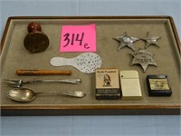 Assorted Small Adv. Items - Badges, Sterling Spoon