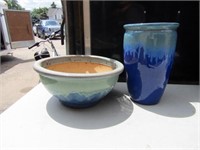(2)Large blue glaze pottery flower planter.