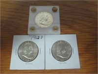 3 Franklin Silver Dollars - 1960-D, 1962-D,