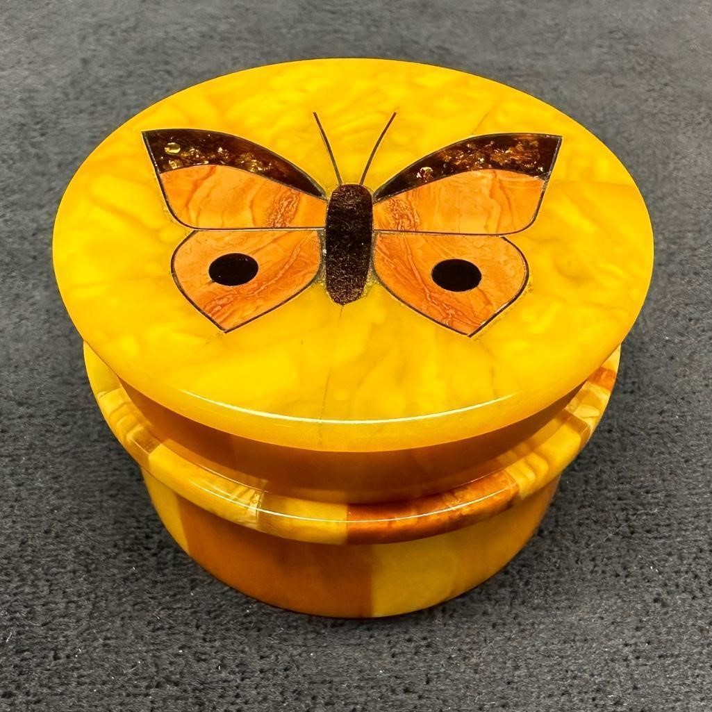 Butterscotch Amber Trinket Box, Butterfly Inlay