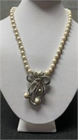 Signed Monet Pearl Necklace With Rhinestone Pendan