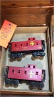 2 boxes, American Flyer car, cabooses, etc
