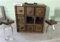 Vintage Wood Spice Box and Bottles