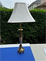 Brass Patterned Candlestick lamp w/Sq. Ivory shade