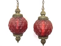 Pr Vtg Red Glass Pendant Swag, Hanging Lamps