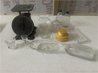 Vtg scale, glassware & medicine bottles