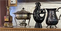 Silver Plated Pitcher, Chafing Dish, Rooster &