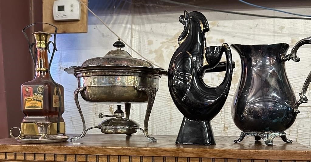 Silver Plated Pitcher, Chafing Dish, Rooster &
