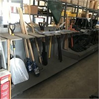 LARGE WOODEN GARDEN TOOL DISPLAY WITH SELVING