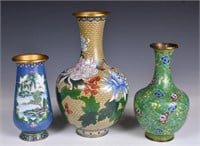 3 Cloisonne Floral and Landscape Scenes Vases