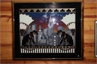 ART DECO PANTHERS CITY SCAPE FRAMED PRINT 54 X 47