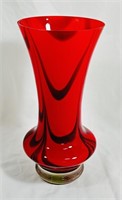 EXQUISITE MURANO RED/GREEN PULLED FEATHER VASE