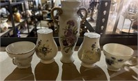 Porcelain Vase, Cups, and Shakers