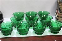 Set of 10 Pressed Green Glass Bowls
