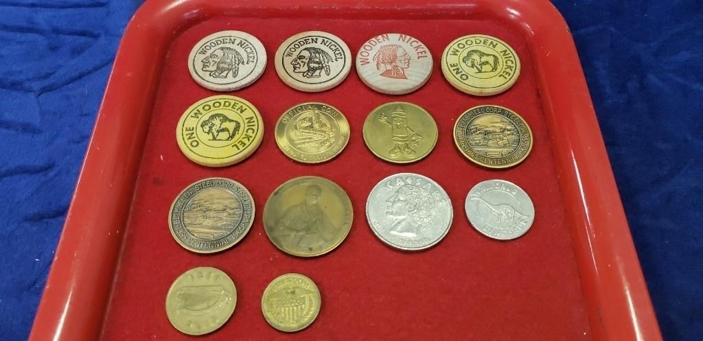 Tray Of Assorted Wooden Nickels & Commemorative