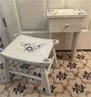 Painted Woven Stool and Small Painted Table