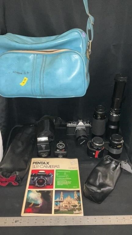 Pentax camera with accessories and camera bag