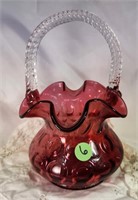 Fenton Art Glass cranberry basket ,crystal handle