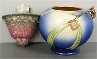 2 Roseville art pottery pieces - 6" blue pine vase